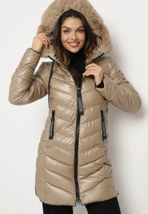 Ciemnobeżowa Pikowana Kurtka z Kapturem i Futerkiem z Możliwością Odpięcia Elentina - Kurtki damskie - miniaturka - grafika 1