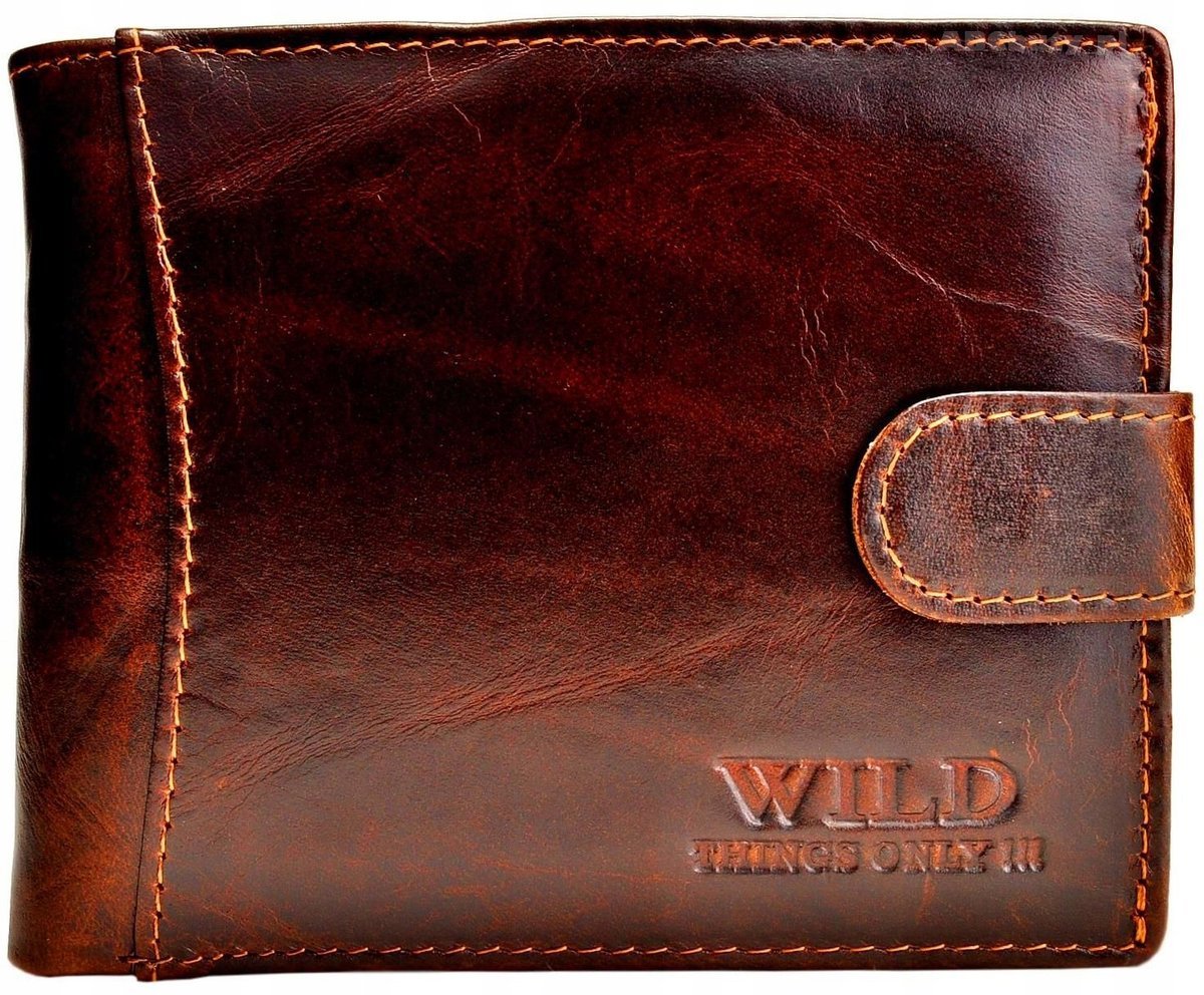 Brązowy SKÓRZANY Portfel Męski ZAPINKA Poziomy Młodzieżowy ELEGANCKI Wild !