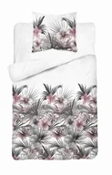 Pościel - Pościel satynowa 140x200 Biała z liśćmi palmowymi i różowymi hibiskusami – styl tropikalny, 100% bawełna - Home Satin - miniaturka - grafika 1