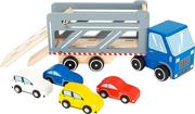 Samochody i pojazdy dla dzieci - Small Foot Small Foot 11182 Premium Transporter z drewna, z czterema kolorowymi samochodami, wysuwaną rampą załadowczą, zdejmowaną zabawką do przyczepy, wielokolorowa 11182 - miniaturka - grafika 1
