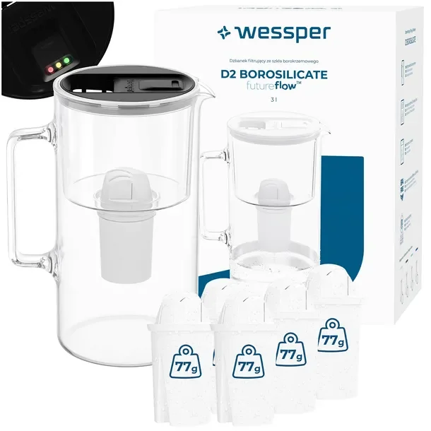 Dzbanek filtrujący szklany Wessper D2 BOROSILICATE FF 3l czarny + 6x filtr