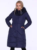 Płaszcze damskie - Zimowy długi płaszcz damski z niecodziennym pikowaniem S Granatowy - miniaturka - grafika 1