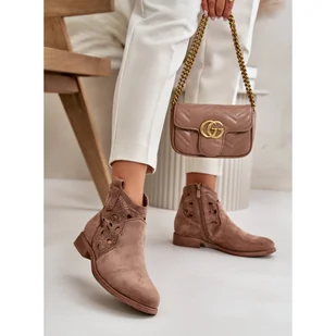 S. BARSKI Botki damskie z ażurową cholewką S.Barski brązowe - Botki damskie - miniaturka - grafika 1