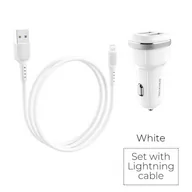Ładowarki samochodowe - Borofone - ładowarka samochodowa 2x USB kabel Lightning w zestawie, biały - miniaturka - grafika 1