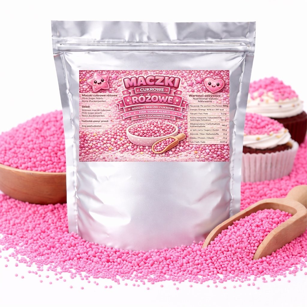 Maczki Cukrowe Różowe - posypka do tortów deserów gofrów i naleśników 50g