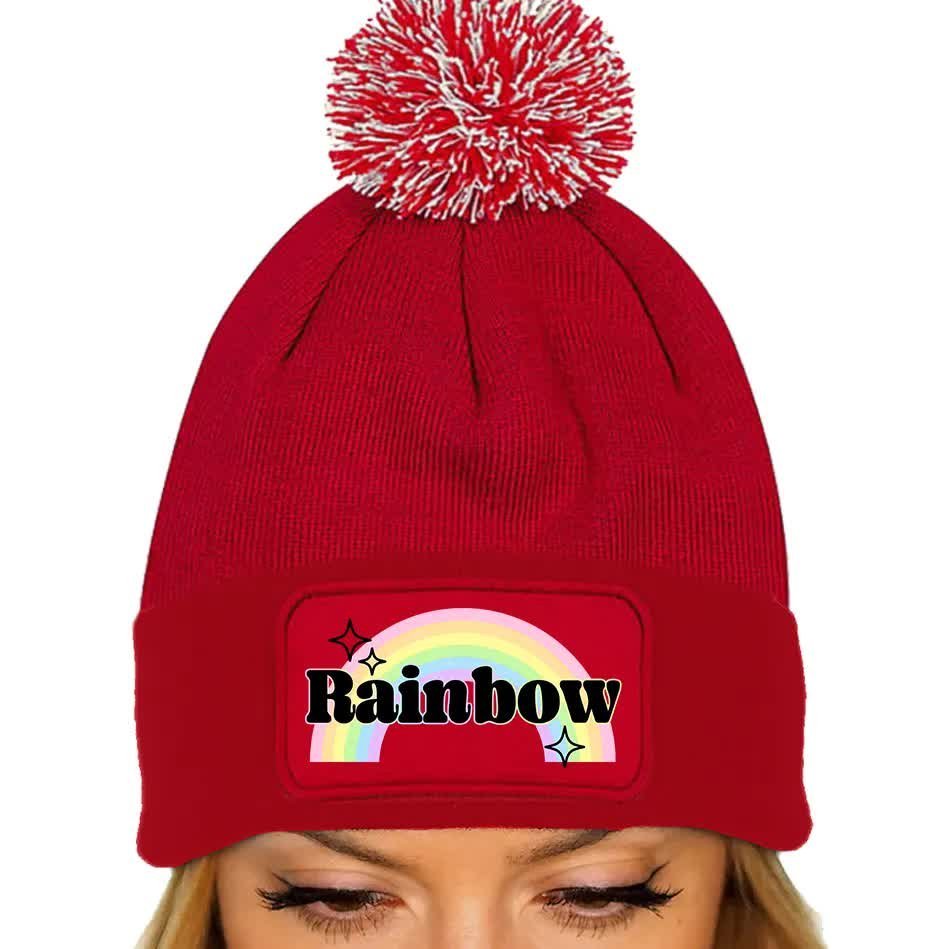 CZAPKA POMPON Bawełniana ZIMOWA Czerwona Motywacyjne RAINBOW Wzory