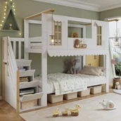 Łóżka dla dzieci i młodzieży - Łóżka piętrowe 2 x 90 x 200 cm z 4 drzwiami i 2 oknami - Sosna + MDF + sklejka - Białe i naturalne (Materace nie są wliczone w cenę) - miniaturka - grafika 1