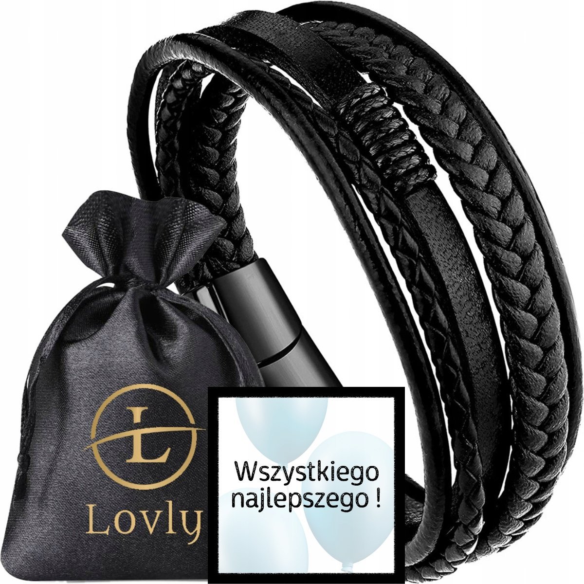 PREMIUM Czarna Skórzana Bransoletka Męska Elegancka Magnes STAL NIERDZEWNA