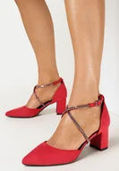 Sandały damskie - Czerwone Sandały na Niskim Słupku ze Sprzączką i Ozdobnymi Paskami Adomia - miniaturka - grafika 1