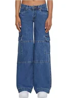 Spodnie damskie - Urban Classics Damskie spodnie damskie z niskim stanem, cargo denim mid Indigo Washed 32, Mid Indigo Washed, 32 - miniaturka - grafika 1