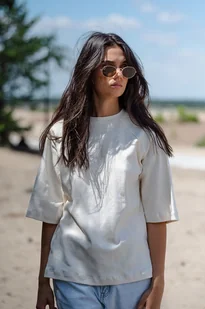 Koszulka T-Shirt z bawełny prążkowanej, NATURAL WHITE - Koszule damskie - miniaturka - grafika 1