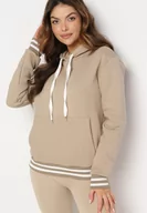 Bluzy damskie - Beżowa Bawełniana Bluza z Kapturem i Ściągaczami w Paski Nempis - miniaturka - grafika 1