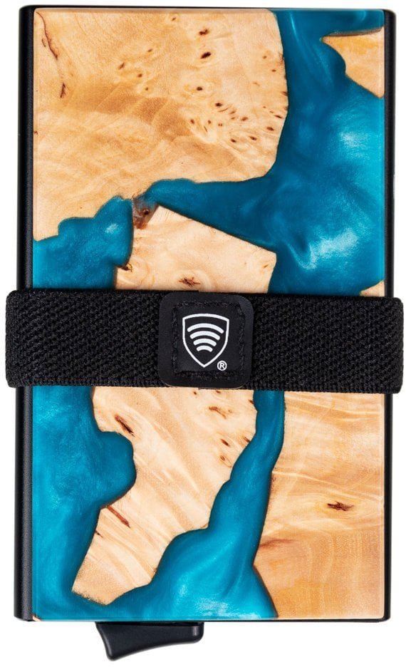 Aluminiowy portfel z wysuwanymi kartami i ochroną kart zbliżeniowych drewno + turkusowa żywica Uniwersalny