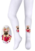 Rajstopy - Dziewczęce białe rajstopy z świątecznym nadrukiem pieska w prezencie - miniaturka - grafika 1