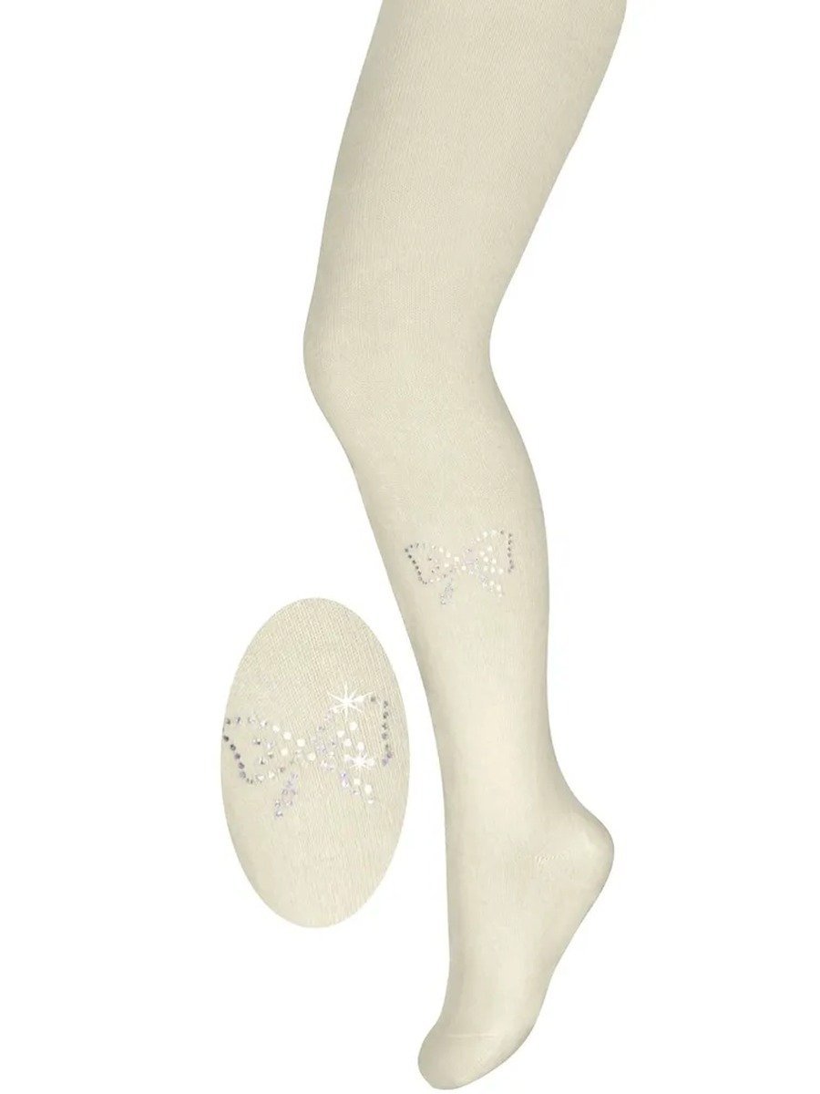 Dziewczęce rajstopy bawełniane kokardka z cyrkonii ecru Milusie r.140/146