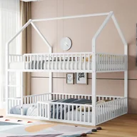 Łóżka dla dzieci i młodzieży - Łóżko piętrowe dla dzieci 140x200 cm - Ze schodkami - Z małymi drzwiczkami - Metalowe - Białe (bez materaca) - miniaturka - grafika 1