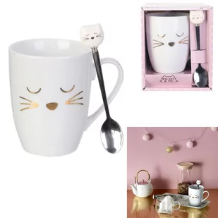 Ceramiczny kubek z łyżeczką o pojemności 350ml osłodzi każde śniadanie. Kubek ze złotymi ozdobami imitującymi pyszczek kota w zestawie posiada metal.. - Dekoracje domu - miniaturka - grafika 1