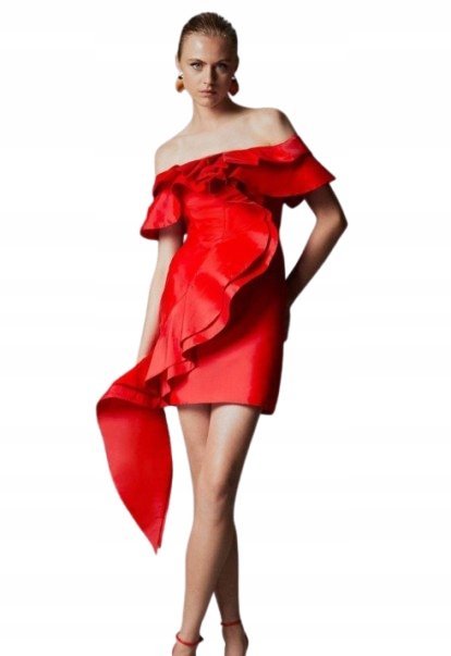 KAREN MILLEN CZERWONA SUKIENKA MINI Z FALBANĄ I DEKOLTEM HISZPANKA 38 B1C