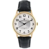 Zegarki męskie - Zegarek męski kwarcowy czarno-złoty klasyczny skórzany pasek z czarnym obszyciem C411 - miniaturka - grafika 1