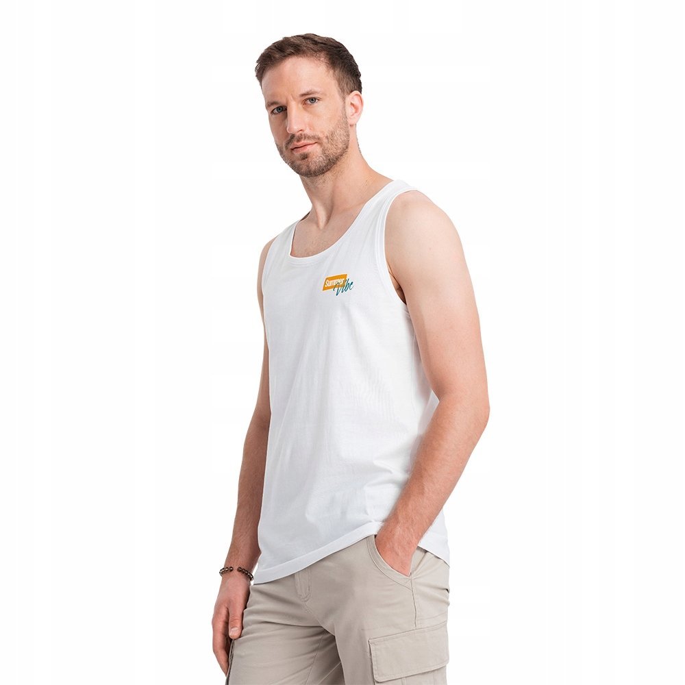 Bawełniany męski tank top z nadrukiem biały V2 OM-TSTT-0191 M