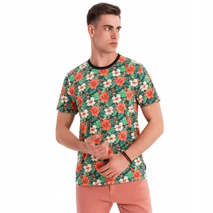 Męski t-shirt bawełniany kwiatowy wzór czarny Ombre OM-TSFP-0249 V2 r. S - Koszulki męskie - miniaturka - grafika 1