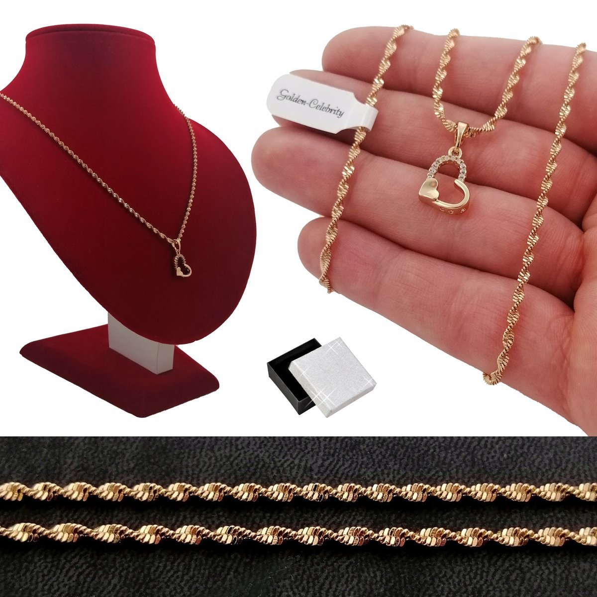 Złoty Singapur Skręcany + Serce Cyrkonie 45Cm 2Mm