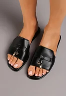 Klapki i japonki damskie - Czarne Klapki z Szerokim Paskiem i Złotymi Zdobieniami Permeria - miniaturka - grafika 1