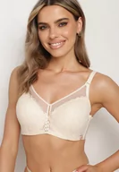 Biustonosze - Jasnobeżowy Biustonosz Koronkowy Typu Full Cup z Regulowanymi Ramiączkami i Cyrkoniami Ellasine - miniaturka - grafika 1