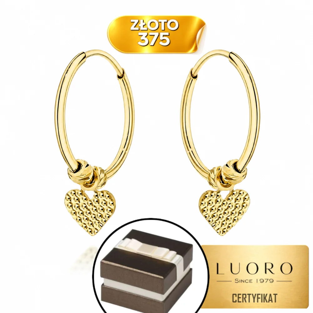 KOLCZYKI ZŁOTE 375 DIAMENTOWANE SERCA NA KREOLU 12 CM ELEGANCKIE