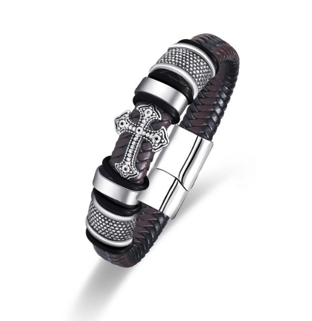 Bransoletka męska pleciona z srebrnym krzyżem Zapięcie magnetyczne 23cm