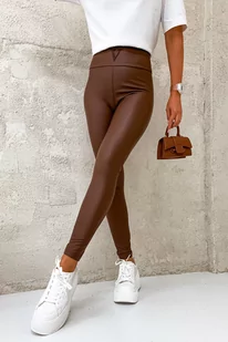 WOSKOWANE LEGGINSY Z OZDOBNYM HAFTEM - BRĄZOWE - Olika - Legginsy - miniaturka - grafika 1