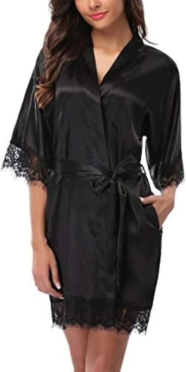 SZLAFROK KĄPIELOWY SATYNOWY KRÓTKI CZARNY ROZMIAR M KIMONO