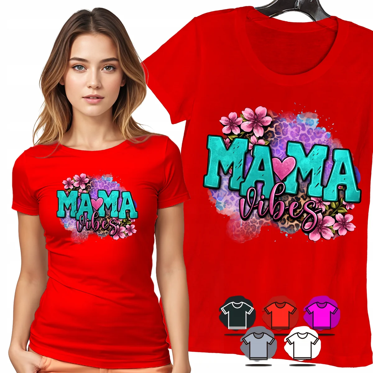 KOSZULKA DAMSKA T-SHIRT - MAMA VIBES KWIATY KOLOROWY NAPIS PREZENT - XXL