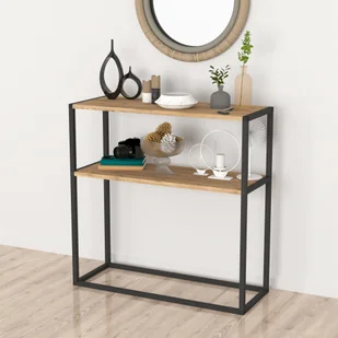 Stolik konsolowy Hemsedal Stolik kawowy z 2 półkami wykonany z metalu i płyty wiórowej Półka do przechowywania 90 x 90 x 33,5 cm Stolik do przedpokoju Stolik wejściowy w industrialnym stylu z drewna dębowego - Konsole i sekretarzyki - miniaturka - grafika 1
