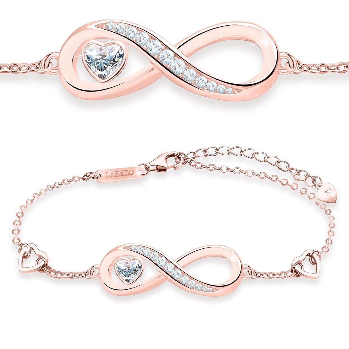 Bransoletka Pozłacana Serce Białe ze Znakiem Nieskończoności SREBRO 925