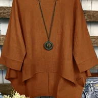 Koszule damskie - TEMU Bluzka Damska Elegancka w Jednolitym Kolorze z Asymetrycznym Dołem i Okrągłym Dekoltem - Oliwkowo-Zielona, Luźny Krój z Krótkim Rękawem, Pranie - miniaturka - grafika 1