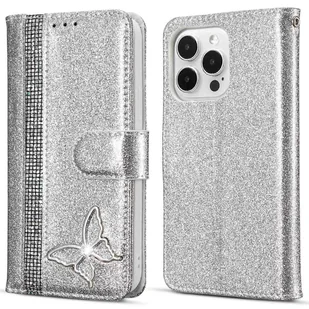 Do iPhone 13 Pro Brokatowe Skórzane Etui z Metalowym Pokrowcem na Portfel Diamond Buttery - Srebrny Wielobarwny Silver - Portfele - miniaturka - grafika 1