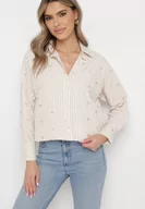 Koszule damskie - Jasnobeżowa Koszula Bawełniana w Paski z Haftowanymi Serduszkami Sanileni - miniaturka - grafika 1