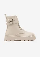 Botki damskie - Beżowe Botki Workery na Grubej Tłoczonej Podeszwie Ozdobione Paskami Sintelle - miniaturka - grafika 1