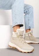 Botki damskie - Beżowe Sznurowane Traperki na Grubej Podeszwie Ocieplane Futerkiem Zinirae - miniaturka - grafika 1
