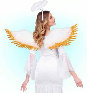 Skrzydła anioła białe ze złotymi piórami - 100 x 25 cm - 1 szt. - Dodatki do strojów karnawałowych - miniaturka - grafika 1