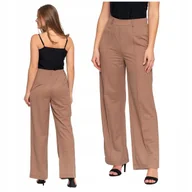 Spodnie damskie - Eleganckie SPODNIE DAMSKIE Beżowe z Prostą Nogawką Modne Gładkie MORAJ XL - miniaturka - grafika 1