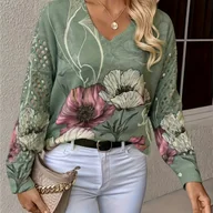 Swetry damskie - TEMU Damski sweter we wzór lotosu - elegancki sweter z dekoltem w serek w zielony druk, wykonany z miękkiej tkaniny, idealny na jesień i zimę, - miniaturka - grafika 1