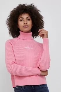 Swetry damskie - Calvin Klein Jeans Jeans Sweter z domieszką wełny damski kolor fioletowy lekki z golfem - grafika 1