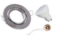 Lampy pozostałe - Zestaw oprawa okrągła chromowa + GU10 8W neutralna + gniazdo przyłączeniowe GU10 - miniaturka - grafika 1