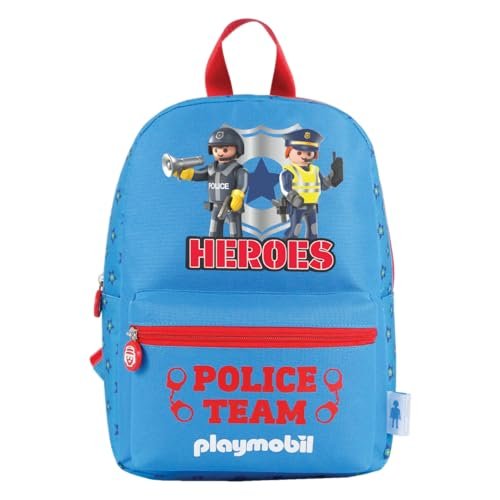 Dohe - Plecak szkolny dla dzieci - 3 kieszenie (1 na laptopa), mały rozmiar, wzmocnione plecy i ramiączka, Playmobil Police Team, materiał szkolny - niebieski