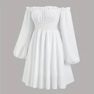 Sukienki - TEMU Romantyczna Elegancka Sukienka z Odkrytymi Ramionami i Regulowanym Paskiem, Stylowa i Uniwersalna na Codzienne Noszenie - Jednokolorowa Sukienka - miniaturka - grafika 1