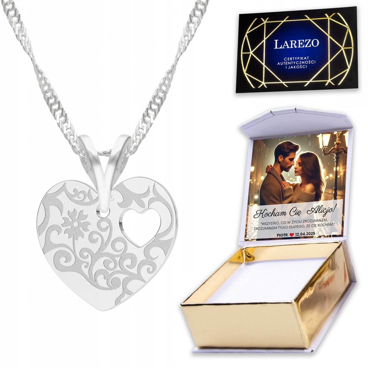 Naszyjnik Srebrny 925 Rzeźbione Serce Heart Love Serduszko Miłość + NADRUK