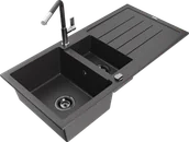 Zlewozmywaki z baterią - Mexen Andres zlewozmywak granitowy 1,5-komorowy z ociekaczem i baterią kuchenną Flora, czarny nakrapiany - 6515-76-670401-08-B - miniaturka - grafika 1