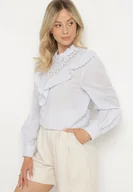 Bluzki damskie - Niebieska Bawełniana Bluzka z Ażurowym Haftem i Falbaną Przy Dekolcie Neveine - miniaturka - grafika 1